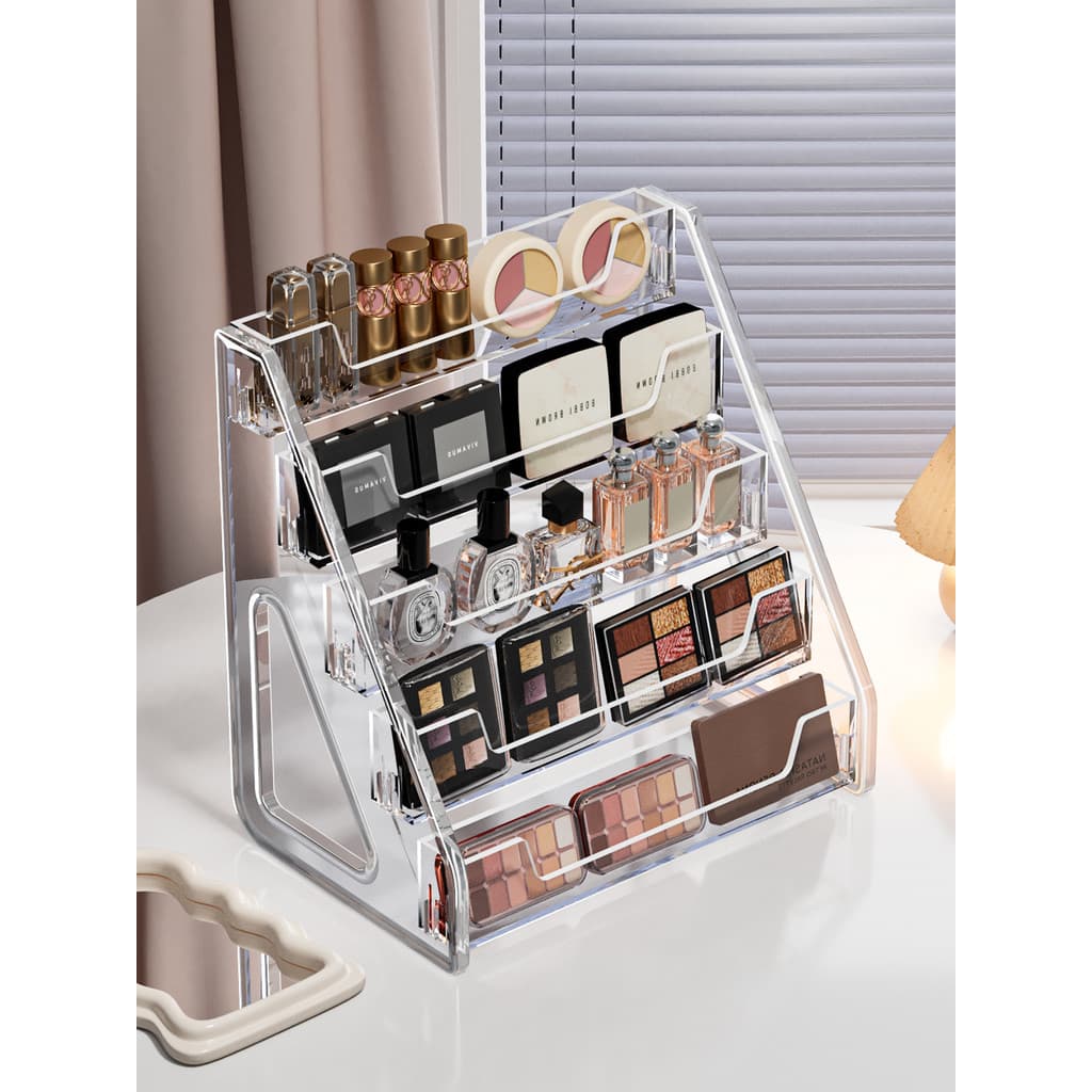 Prateleira cosmética escalonada, mesa transparente, paleta de sombras, caixa de armazenamento, penteadeira, maquiagem, b