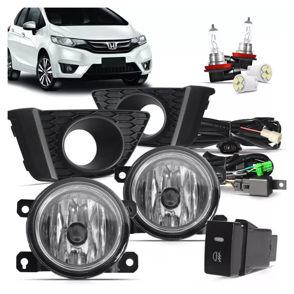 Kit Farol de Milha Neblina Auxiliar Honda Fit 2015 2016 2017 Completo Com Chicote + 4 Brindes
