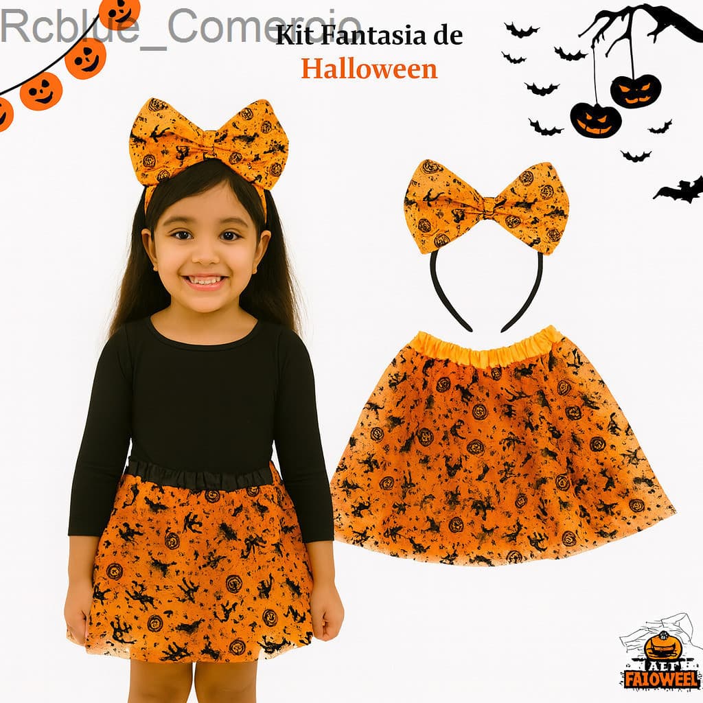 (V)Fantasia Infantil Halloween Laranja com Tiara e Saia 30cm – Bruxinhas e Abóboras