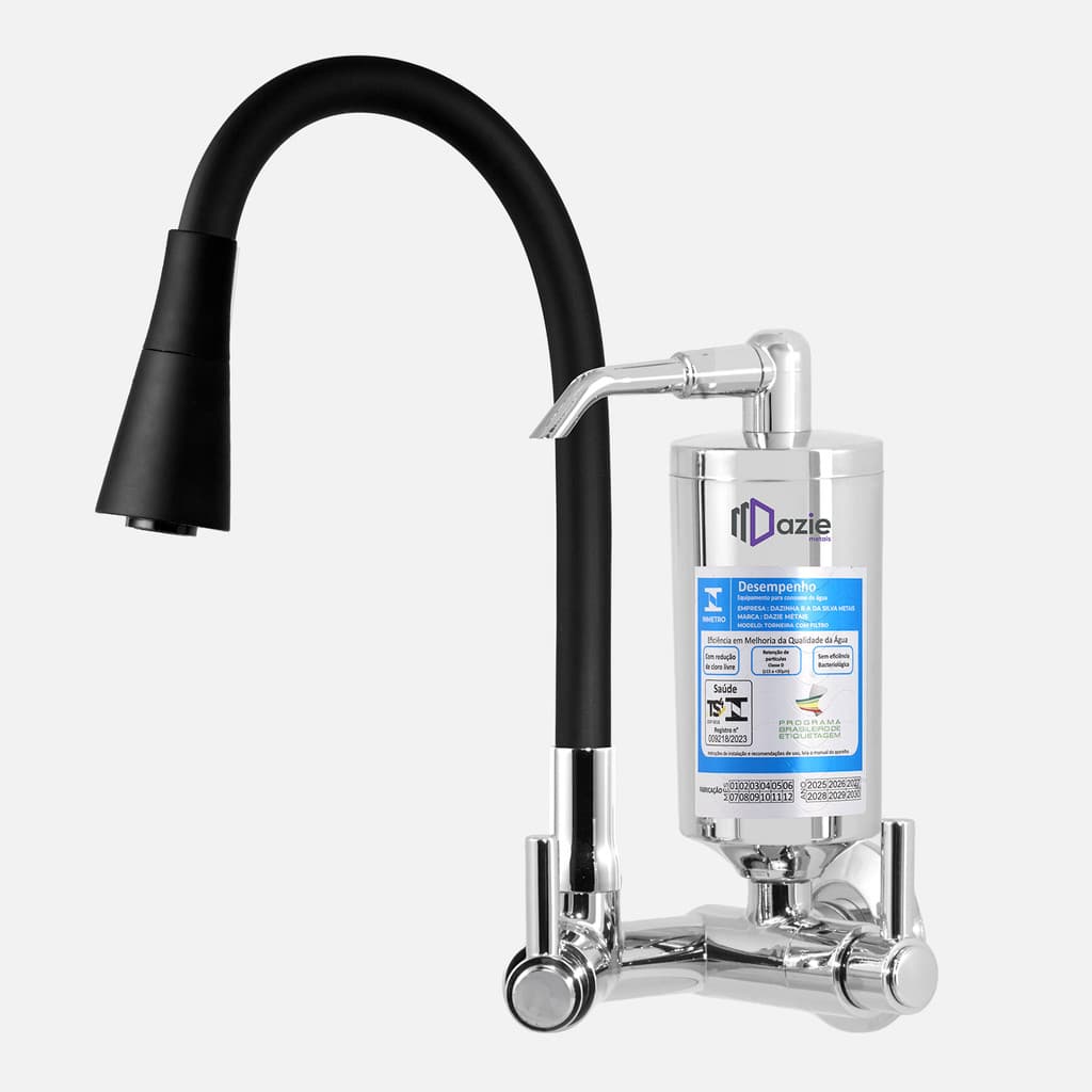 Torneira Cozinha Gourmet Parede Preta Flexível Cone ABS com Filtro Carbon Block Refil Blindado 1/4 Volta Dazie Metais
