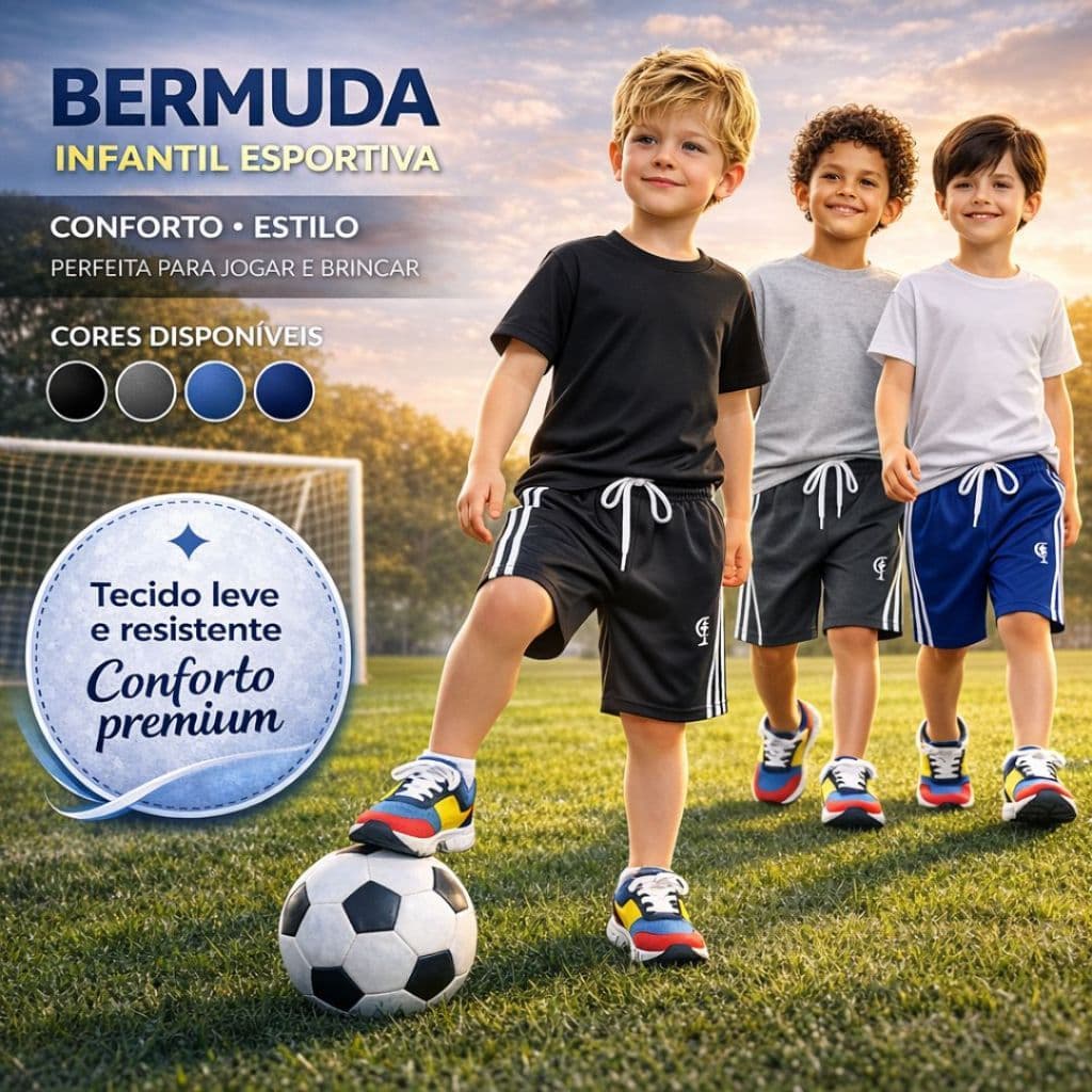 Bermuda Infantil Juvenil Menino Kit 3 ou 1 Peça Escolar Esporte Conforto