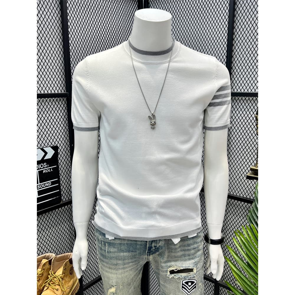 2026 verão novo estilo listrado fino ajuste bonito camisola fina em torno do pescoço de seda gelo manga curta T-