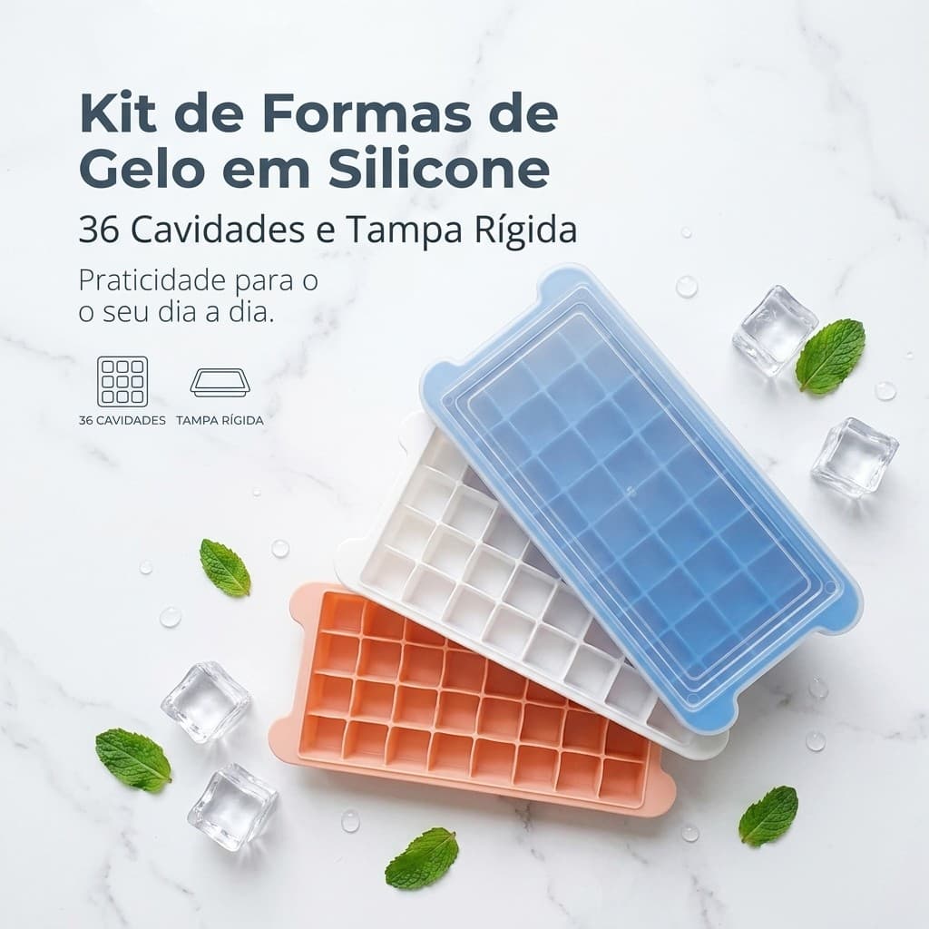 Kit 3 uns Formas de Gelo Silicone Com Tampa Rígida Flexível Fundo Retangular 36 Cubos Multiuso Lavável