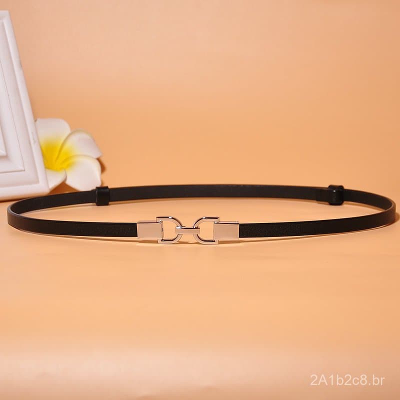 Em estoque: Cinto feminino de couro legítimo com fivela decorativa, cinto fino para vestidos, estilo coreano, simples e