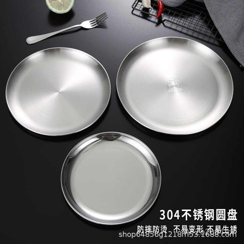 Venda por atacado de pratos redondos de aço inoxidável 304 estilo coreano para hotéis, pratos de comida ocidental, bande