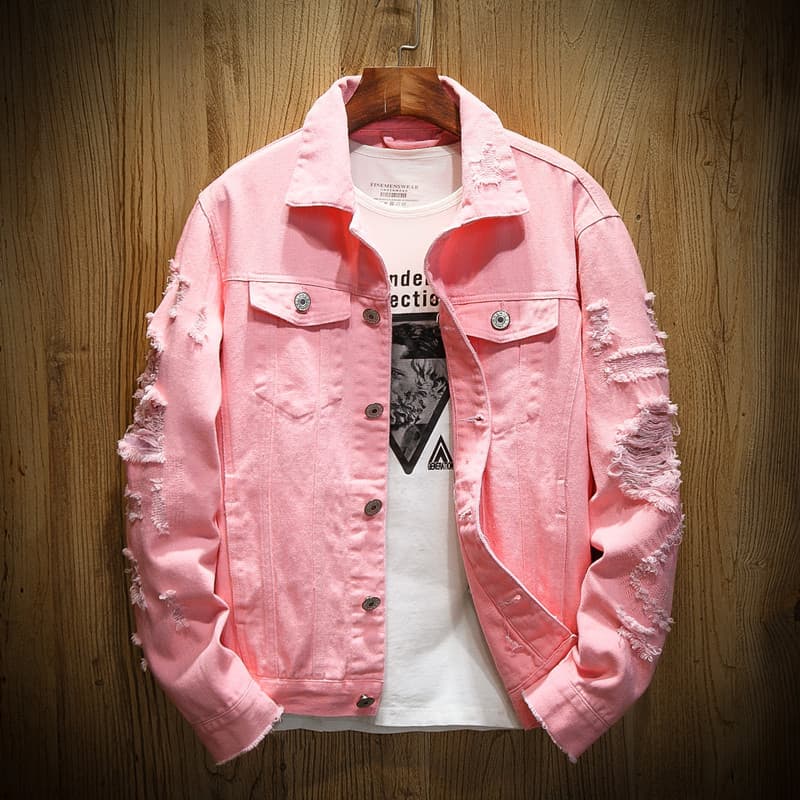 Jaqueta jeans rosa japonesa gorda masculina tamanho grande ferramentas soltas rasgadas jaqueta jeans outono inverno