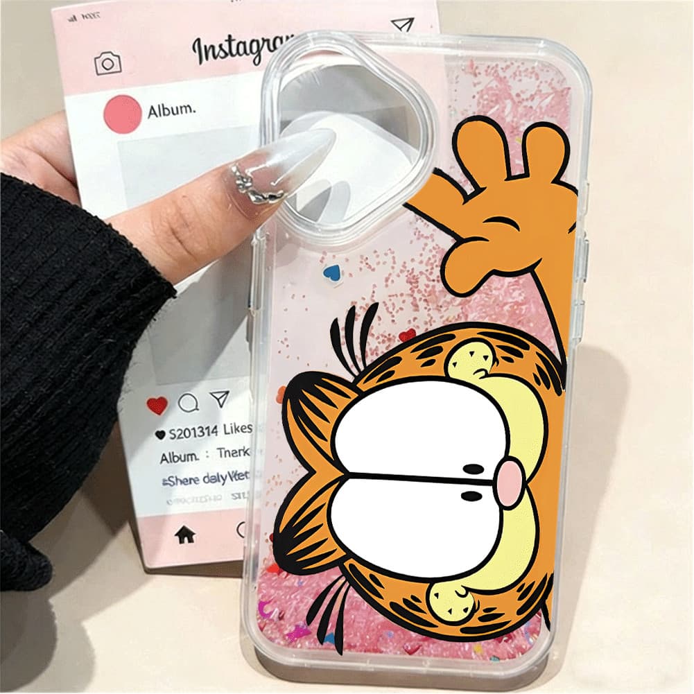 Glitter Capinha Capa Para IPhone 13 11 12 14 15 16 17 Xr XS Ar Pro Max Normal Anti-Impacto Gato Garfield Caso