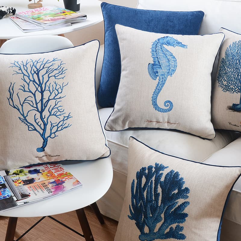 Azul estilo mediterrâneo oceano Coral cavalo marinho sofá travesseiro algodão linho almofada macio modelo apoio lombar