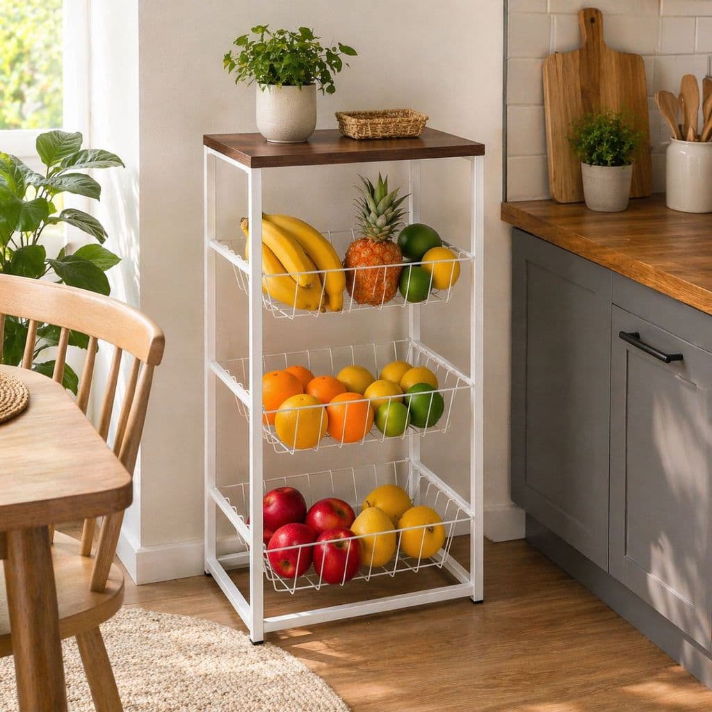 Fruteira De Chão Aramada Cozinha Metal Madeira Moderna Mesa