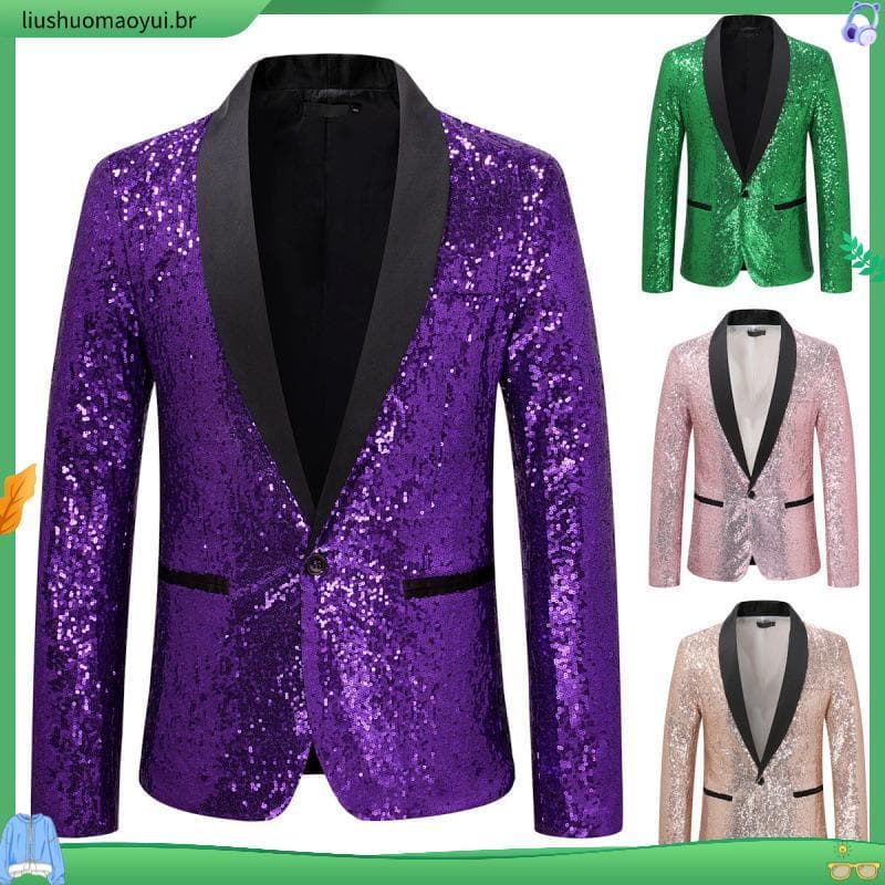 Blazer Social Masculino Paetê Lantejoulas Brilhantes Manga Longa Ajuste Slim Jaqueta de Luxo Casamento Banquete Dança GL