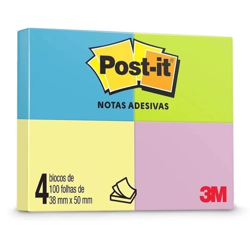 Bloco de recado post-it 3M colorido 38x50mm c/400Fls c/4blocos