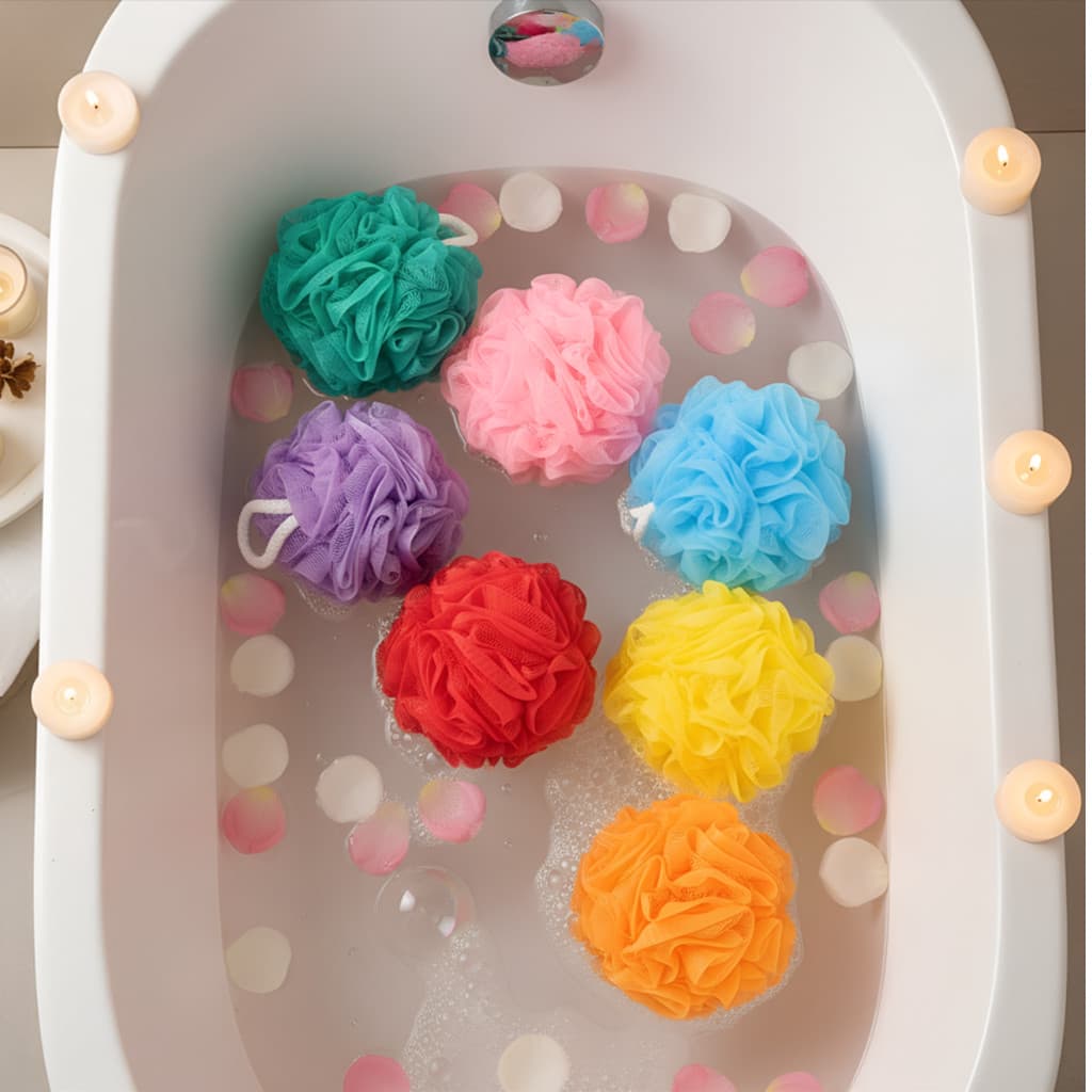 Kit 5 Esponja para Banho em Nylon Bola Macia Premium com Cordão Adulto Espuma