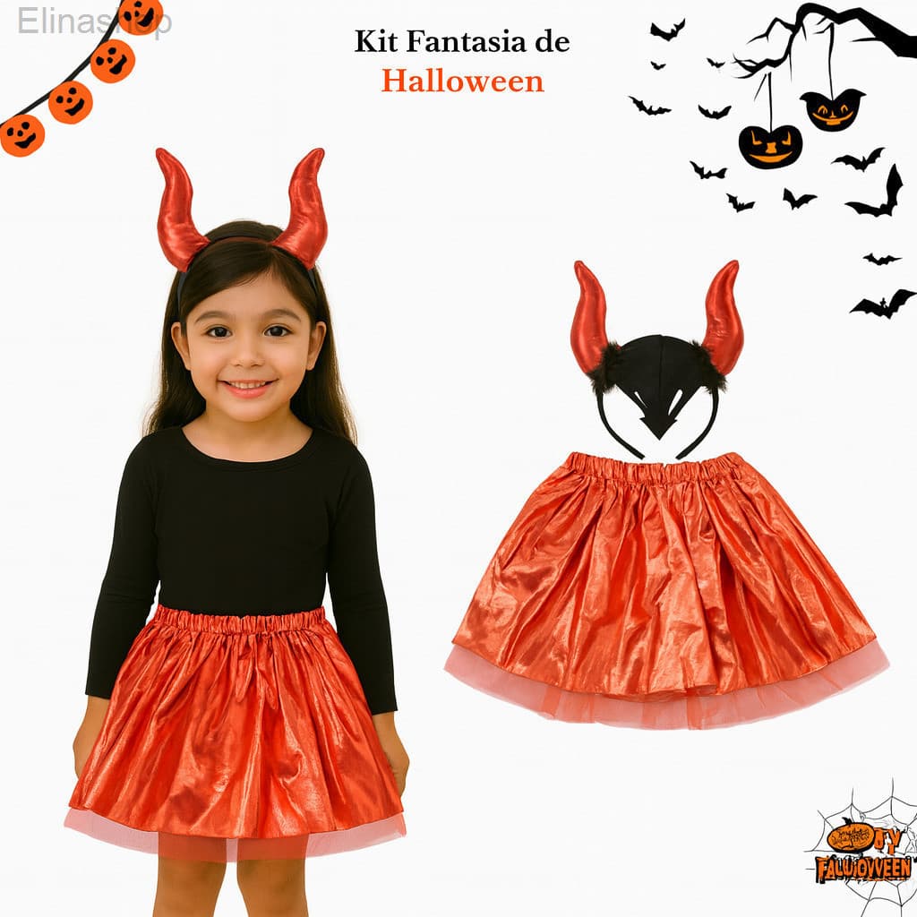 (V)Fantasia Infantil Halloween Saia Vermelha com Tiara de Diabinha 🔥210B