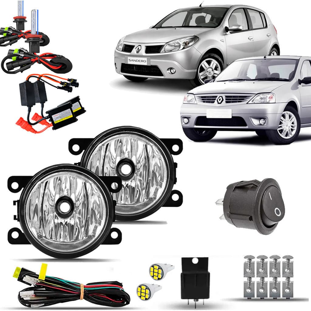 Kit Farol De Milha Neblina Auxiliar Farolete Completo Renault Logan Sandero 2007 08 09 10 11 12 + Lampada Xenon 8000K