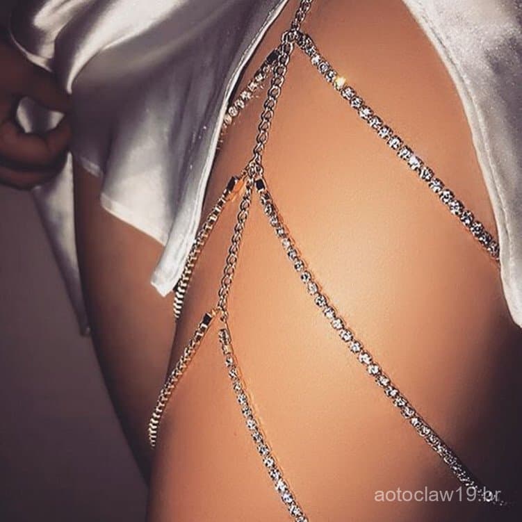 Joias de corrente para pernas em estilo europeu e americano, corrente para coxa com franjas de strass, corrente corporal