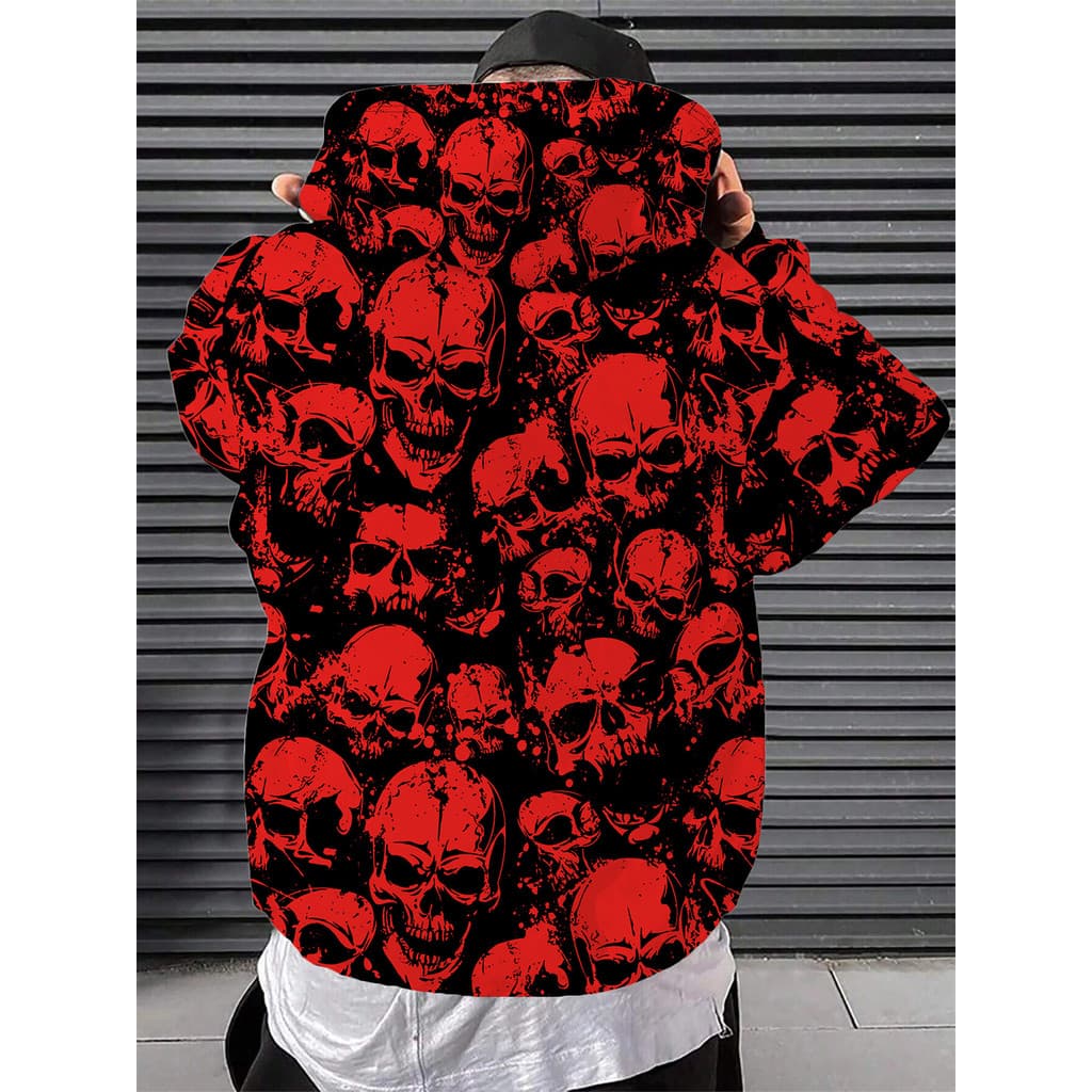 Moletom masculino gótico com capuz estampado com caveira 3D - preto com Design de caveira vermelha e branca, tecido elás