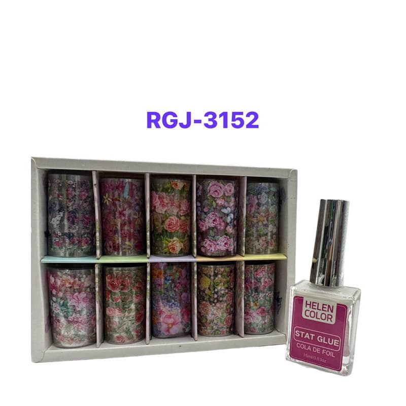 FOIL DE UNHA P Nail Art Com 10 Unidades e Cola de Foil Helen Color RGJ-3152 .