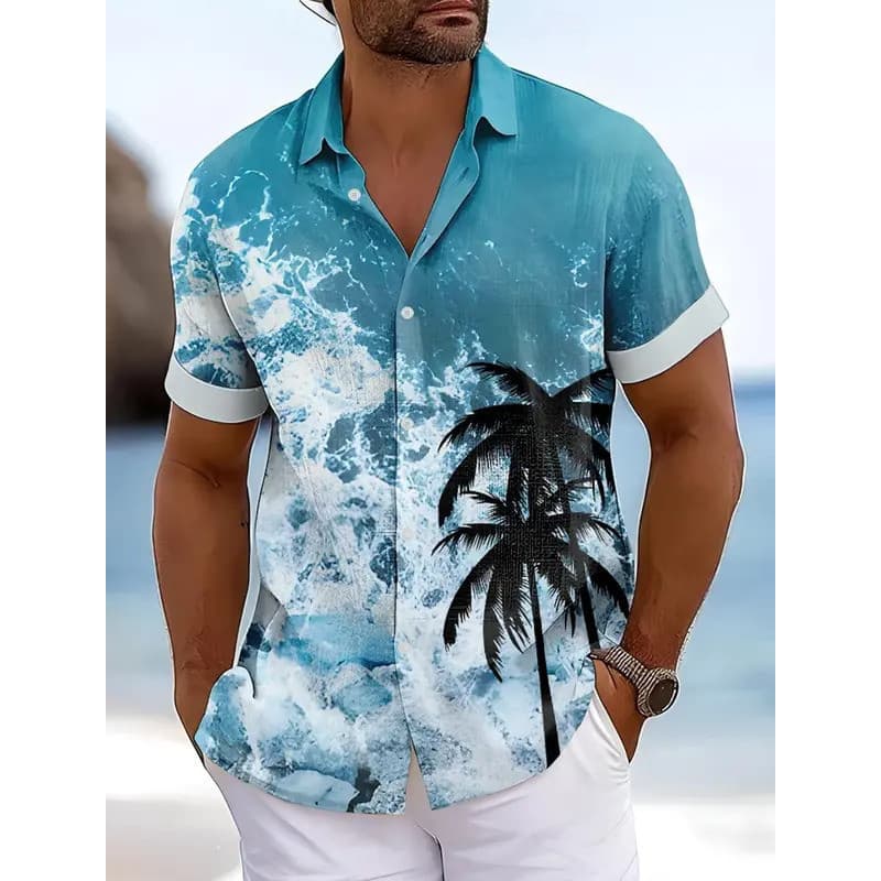 Camisa Havaiana Masculina Cor Gradiente Plantas Tropicais Verão Com Botões