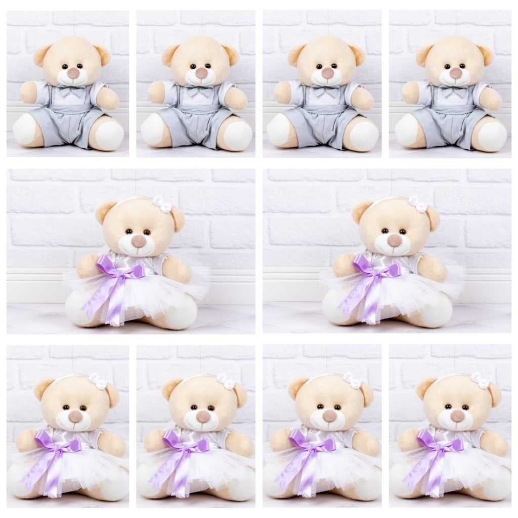 Kit Ursos Casamento 4 Pajem Cinza e 6 Daminhas - Detalhes lilás - Pelúcia de Luxo