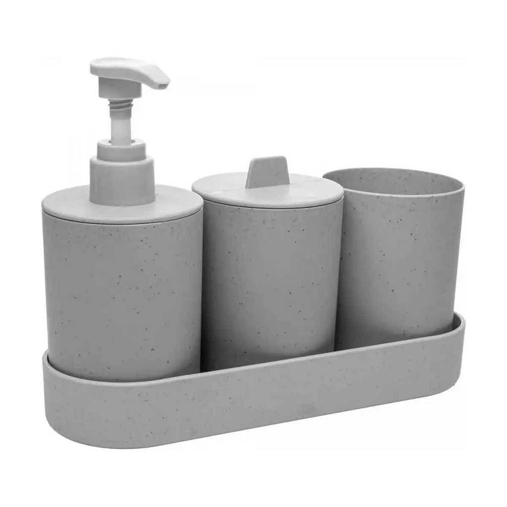 Conjunto 4 Peças Para Banheiro Cinza Off White em Plástico Ecológico Dispenser Porta Algodão Escova