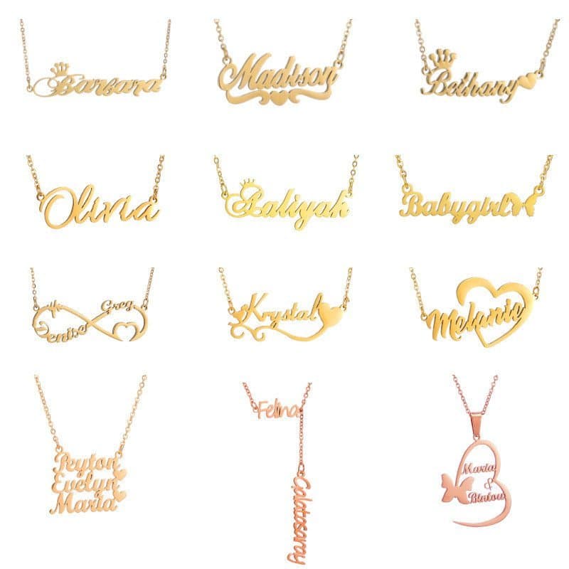 Colar de Nome em Aço Inoxidável DIY Banhado a Ouro Real, Colar com Letras e Números em Inglês, Joias com Elementos Popul