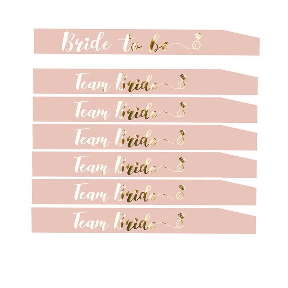 Conjunto de faixas para despedida de solteira com letras em ouro rosa e champanhe para noiva e damas de honra.