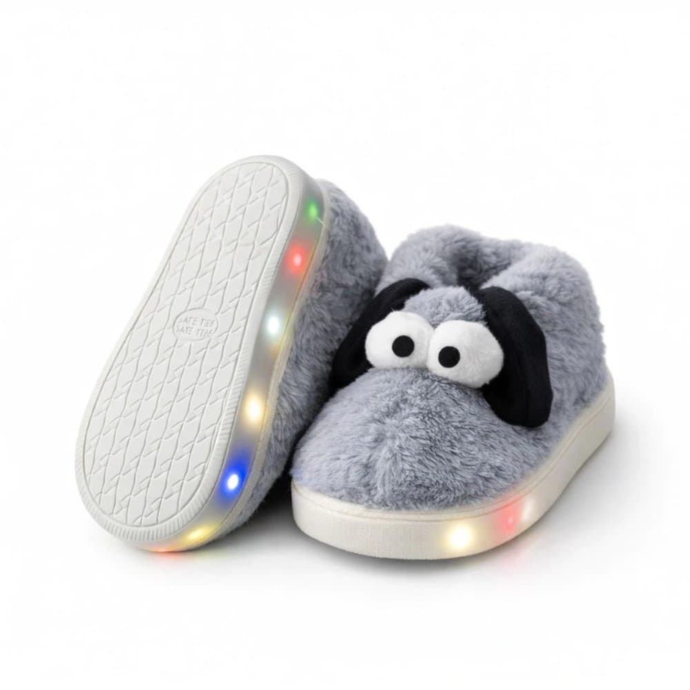 Pantufa Infantil LED Cachorrinho Antiderrapante Quentinha Pelúcia Inverno Menino Menina