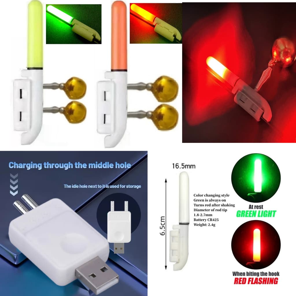 2 Luzes De Vara De Pesca + 2 Baterias CR425 Recarregáveis + 1 Carregador , Luz De Ponta Que Muda De Cor Do Gancho , Alar