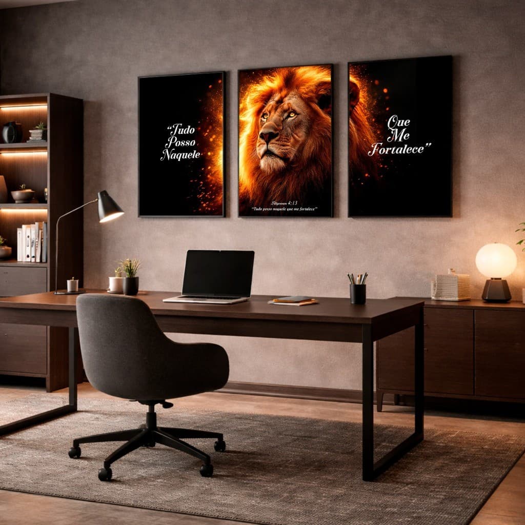 Quadro Decorativo Leão de Judá 50X90 Tudo Posso Naquele Que Me Fortalece Versículo Filipenses 4:13 Fé