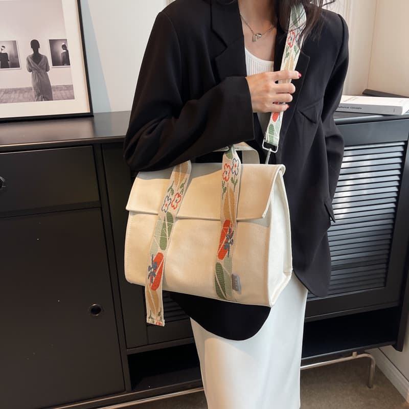 Bolsa de lona de grande capacidade feminina 2024 novo estilo na moda All-Match flor cor banda larga portátil Tongle mens