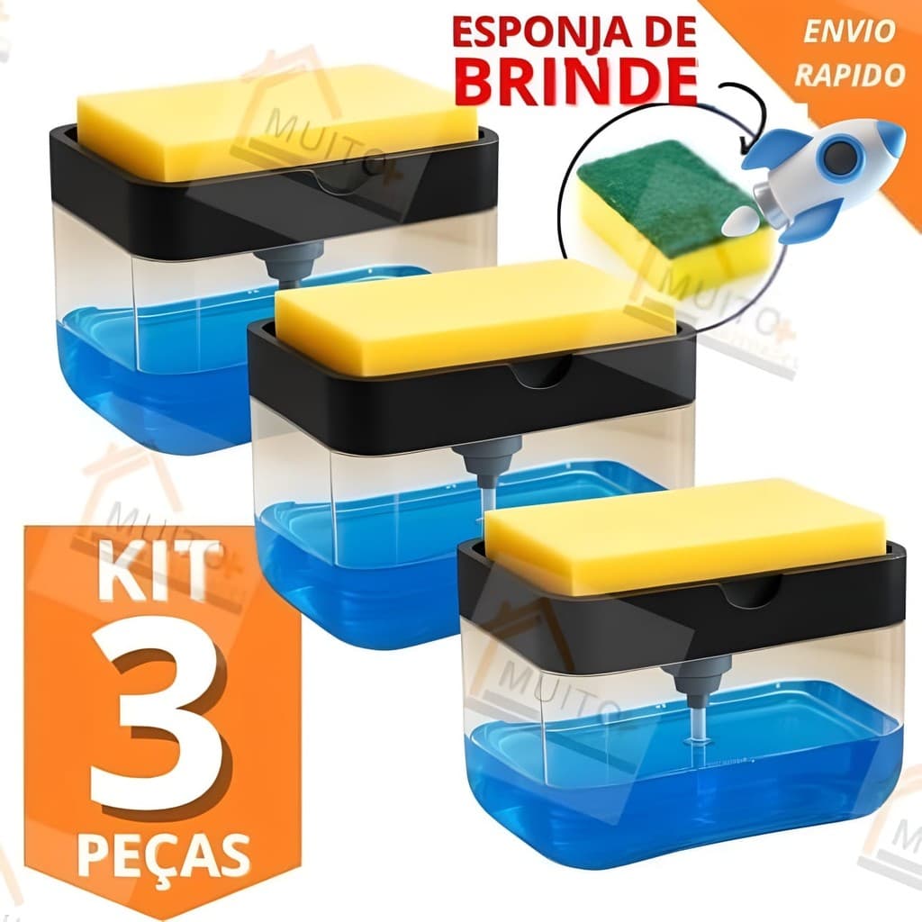 Jogo 3 Dispenser Detergente 2x1 Porta Sabão Líquido Suporte Bucha Esponja Limpeza Cozinha