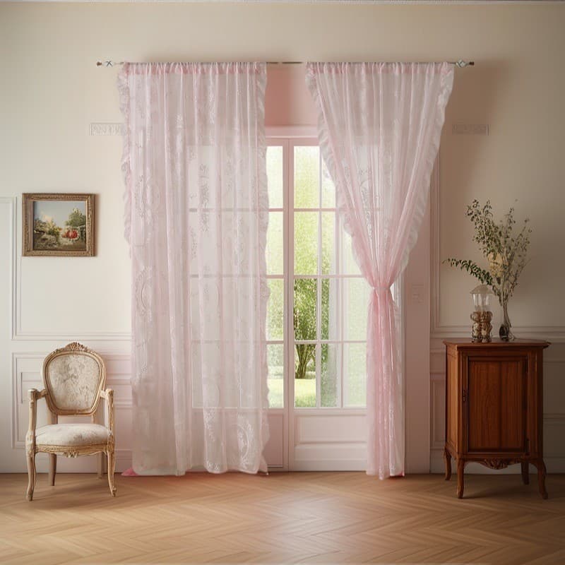 Cortinas Blackout De Renda Montadas Em Haste , Sem Perfuração , Estilo Francês , Espelho Redondo , Flores