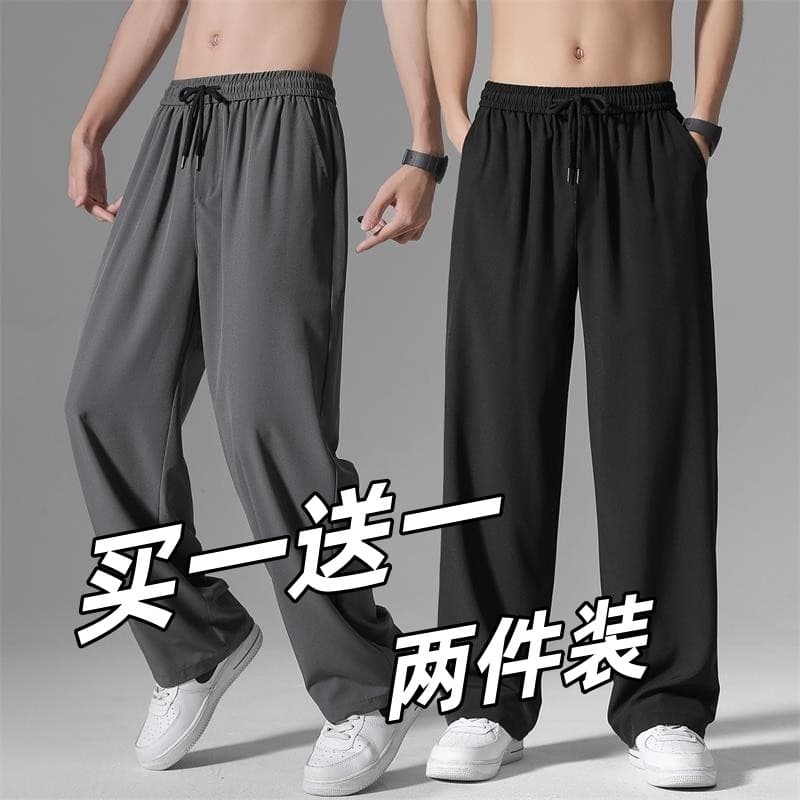 Calças de seda gelo masculinas estilo fino em linha reta solta tamanho grande calças esportivas casuais verão sensação r