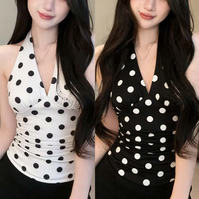 Camisola Feminina De Bolinhas Com Decote Em V , 1/2 Peças , Top Curto Cadarço Ajustável Nas Costas , Colete Macio E Resp
