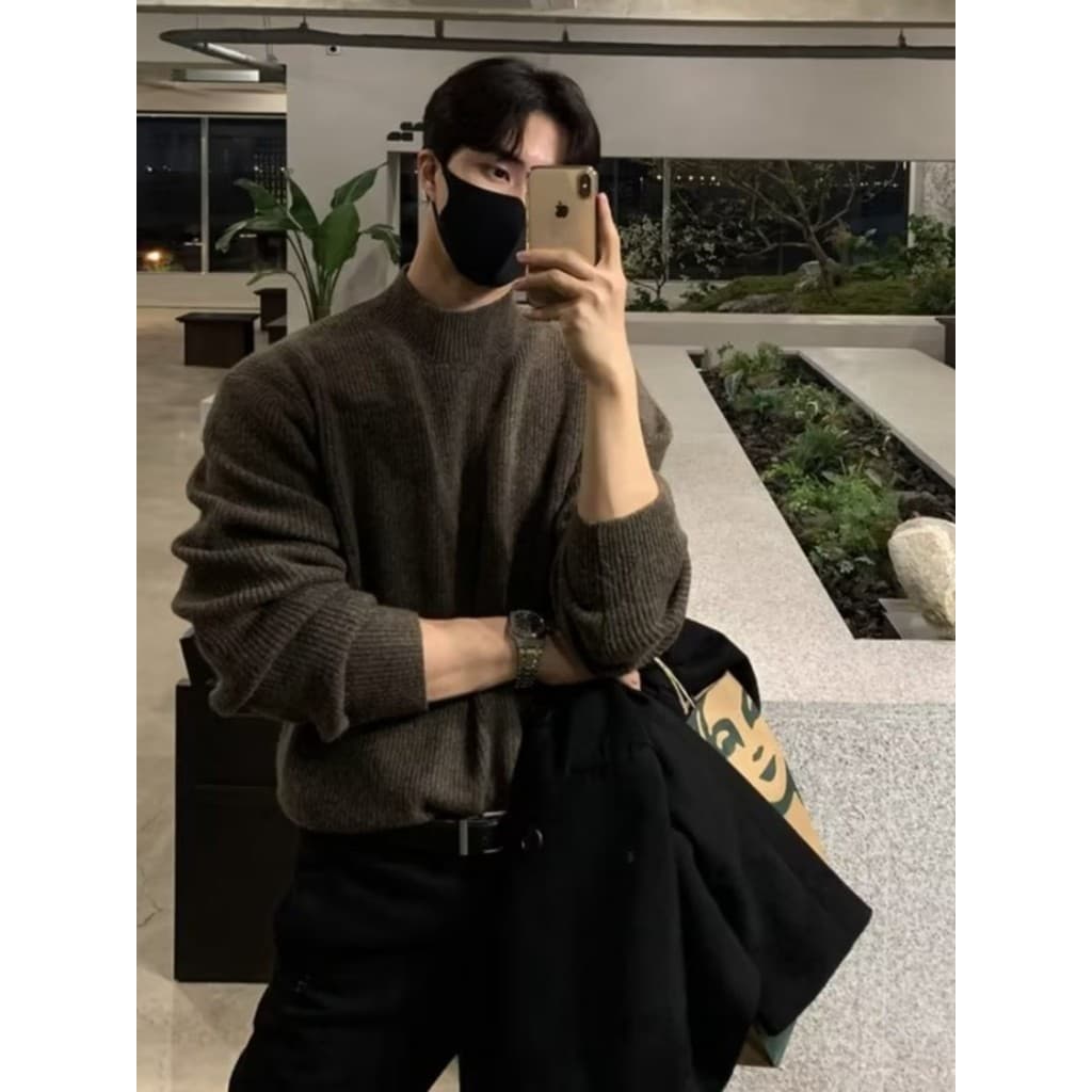 Outono inverno High-End meia gola alta camisola masculina bonito solto Casual cor sólida meados de pescoço de malha cami