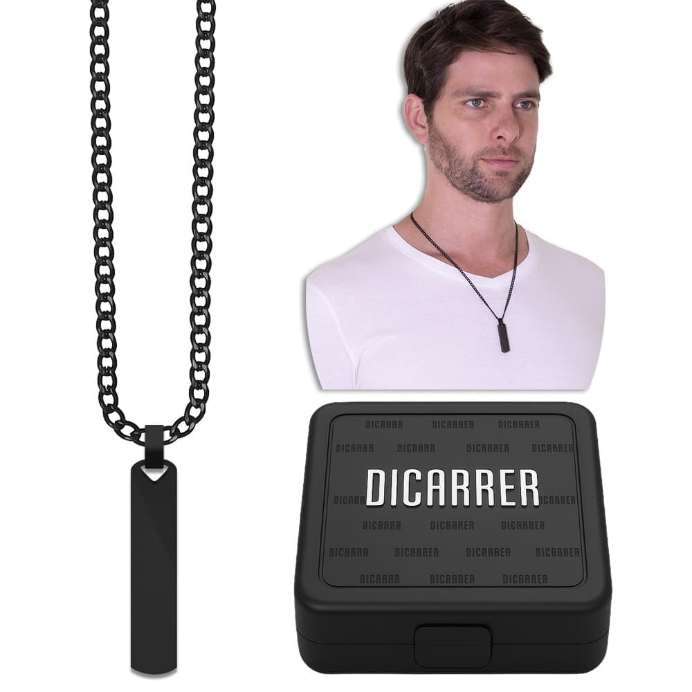 Corrente Cordão Preto Pingente Placa Barra RF-59 Aço Inox