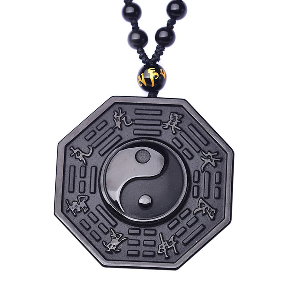 Pingente de obsidiana natural yin-yang bagua com colar para homens e mulheres