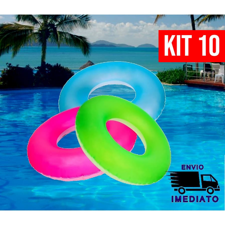 Kit 10 Bóia Inflável Circular Neon Redonda de Piscina 76cm para Criança e Adulto