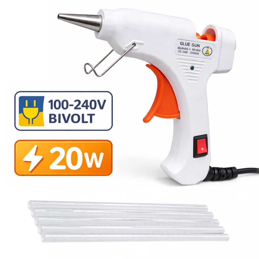 Pistola De Cola 20W Quente Bico Fino Bivolt + 5 Bastões 26cm