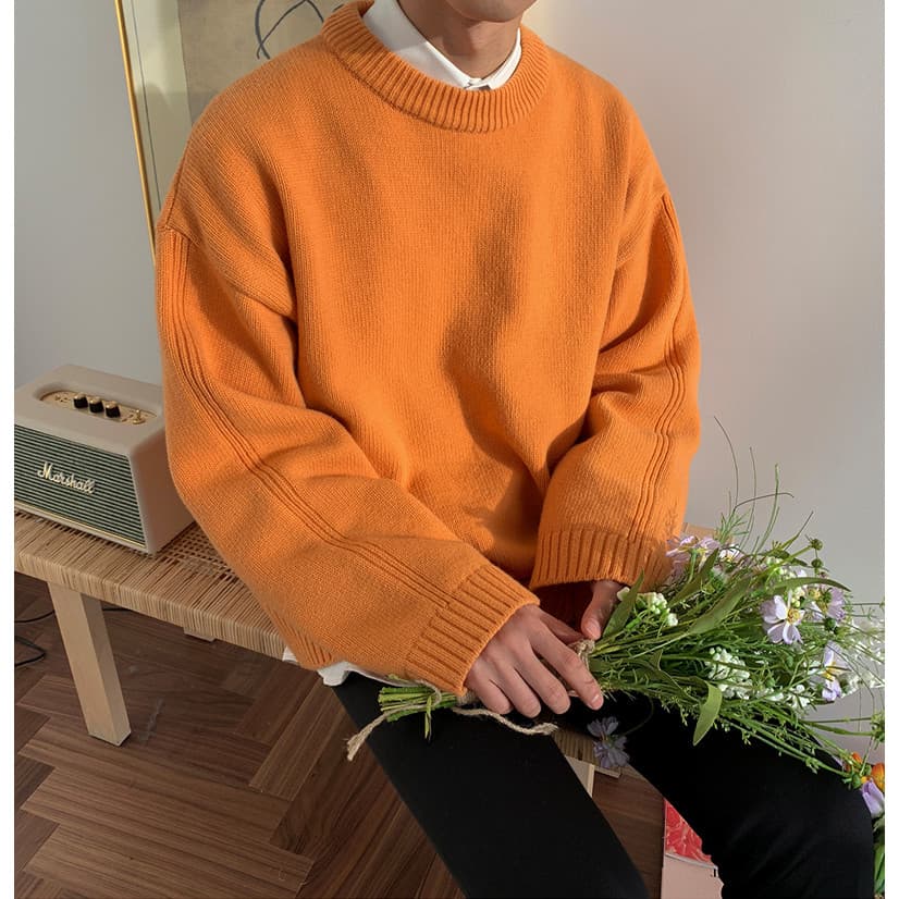 MRCYC Suéter masculino de cor sólida com gola redonda, outono inverno, moderno, estilo coreano, malhas, exclusivo, solto
