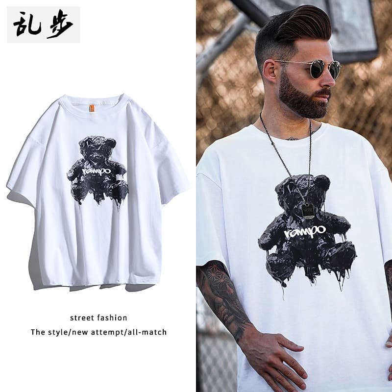2026 novo estilo urso impressão verão masculino de manga curta branco camiseta de algodão puro meia manga Tren