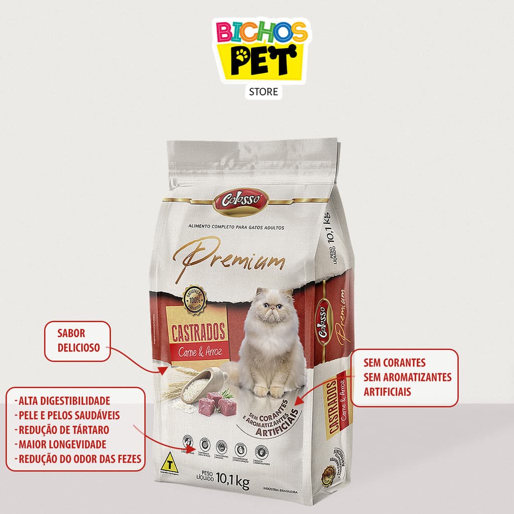 Ração Gato Castrado 10,1kg Racao Colosso Premium Carne Arroz
