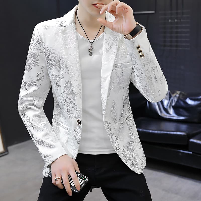 Masculino versão coreana magro-ajuste flor terno dourado primavera na moda pequeno terno boate cabeleireiro topo na moda