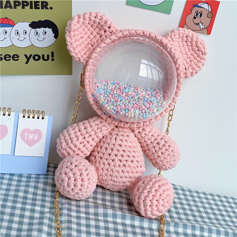 Bolsa caseira tecida à mão, Material diy, acrílico, transparente, desenho animado, urso, mochila de ombro, bolsa Crossbo