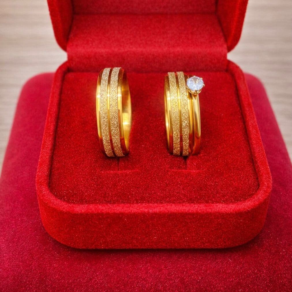 Par de alianças de casamento 4mm jateada linha meio moeda antiga + anel solitario 100% em moeda cor de ouro 18k
