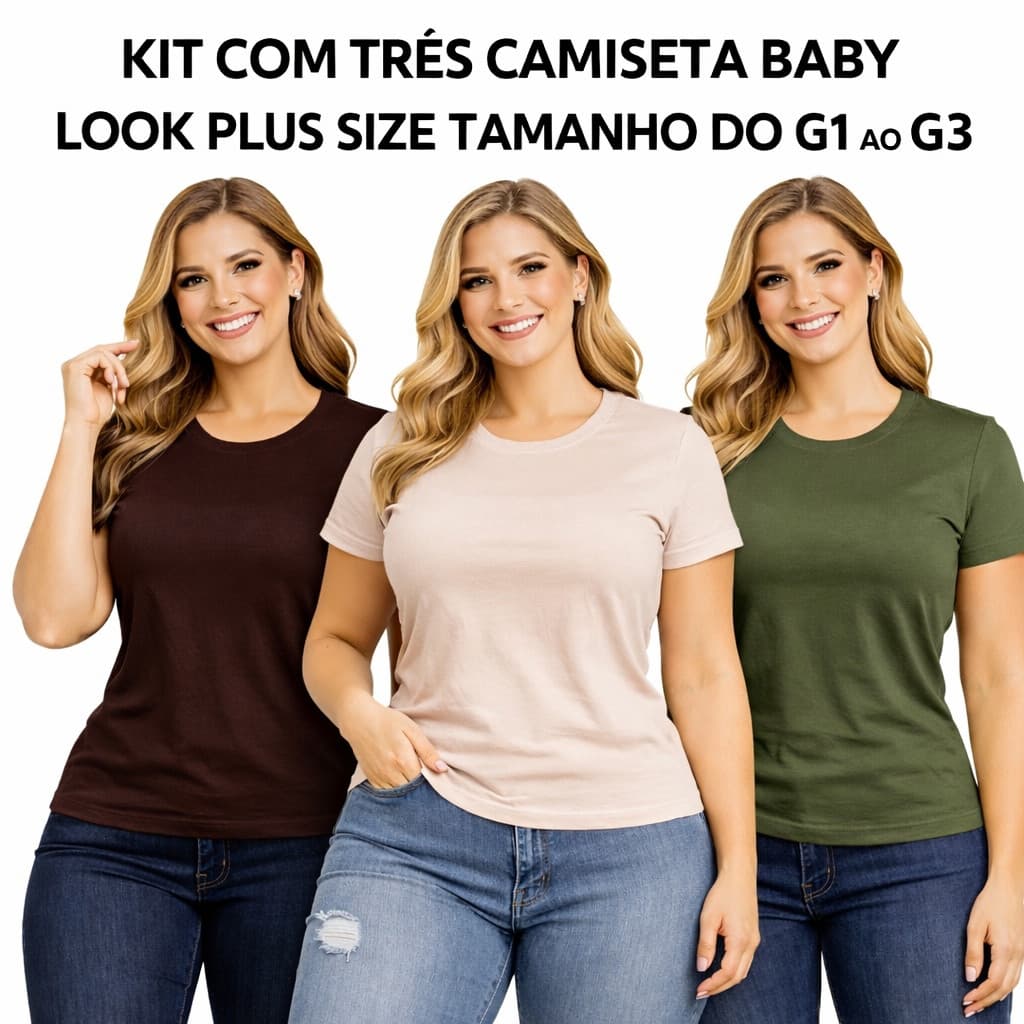 Kit 3 Camisetas Plus Size Baby Look 100% Algodão Penteado Básica Dia a Dia G1 ao G3