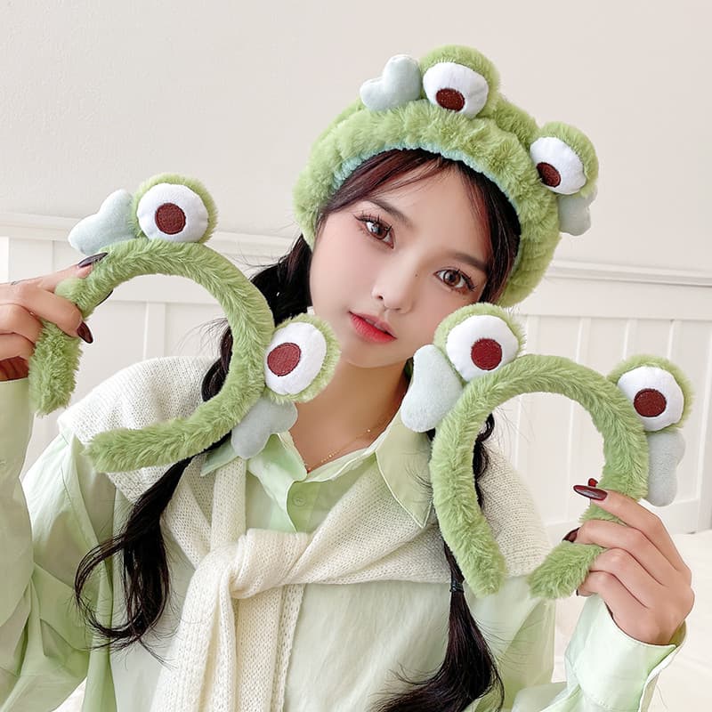 Engraçado dos desenhos animados olhos grandes sapo verde bandana feminino rosto lavagem bonito pelúcia bandana de cabelo