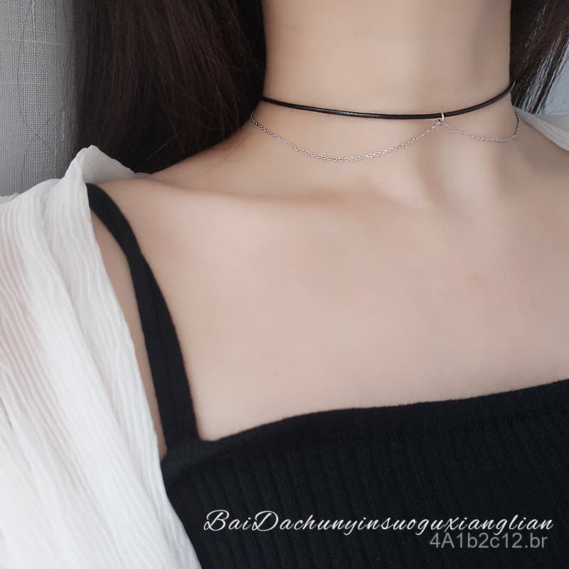 Colar de prata esterlina s925 com cordão de couro preto, gargantilha de dupla camada, elegante e simples, versátil, joia