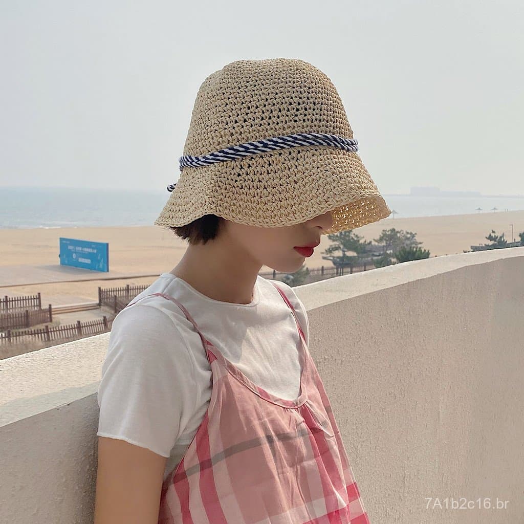 Chapéu de palha feminino de estilo novo e elegante, versão coreana, chapéu de pescador artesanal para praia no verão, co