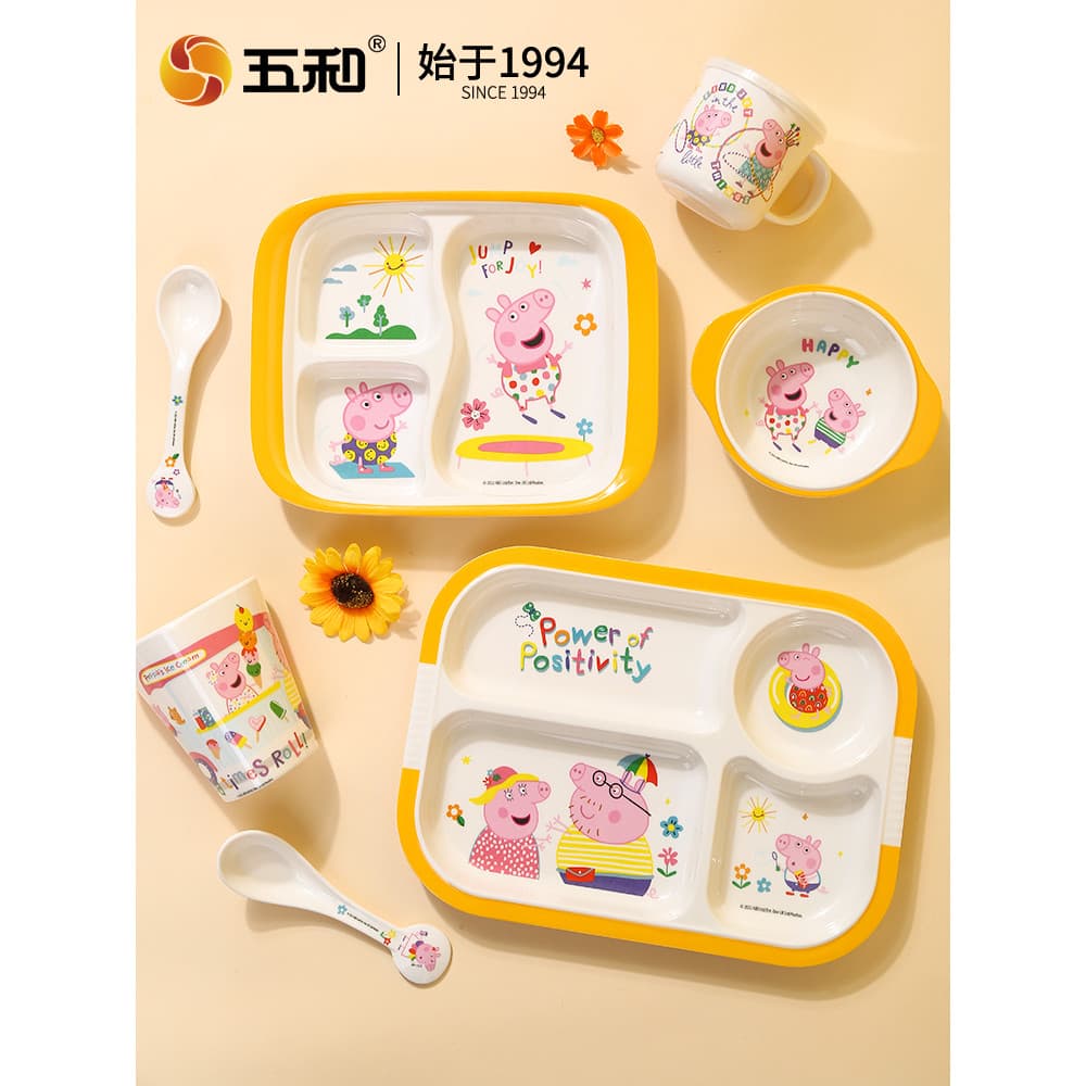 Wuhe Piglet Peppa Talheres Prato de Jantar Infantil Compartimento Prato Tigela de Bebê Tigela Especial Colher Conjunto C